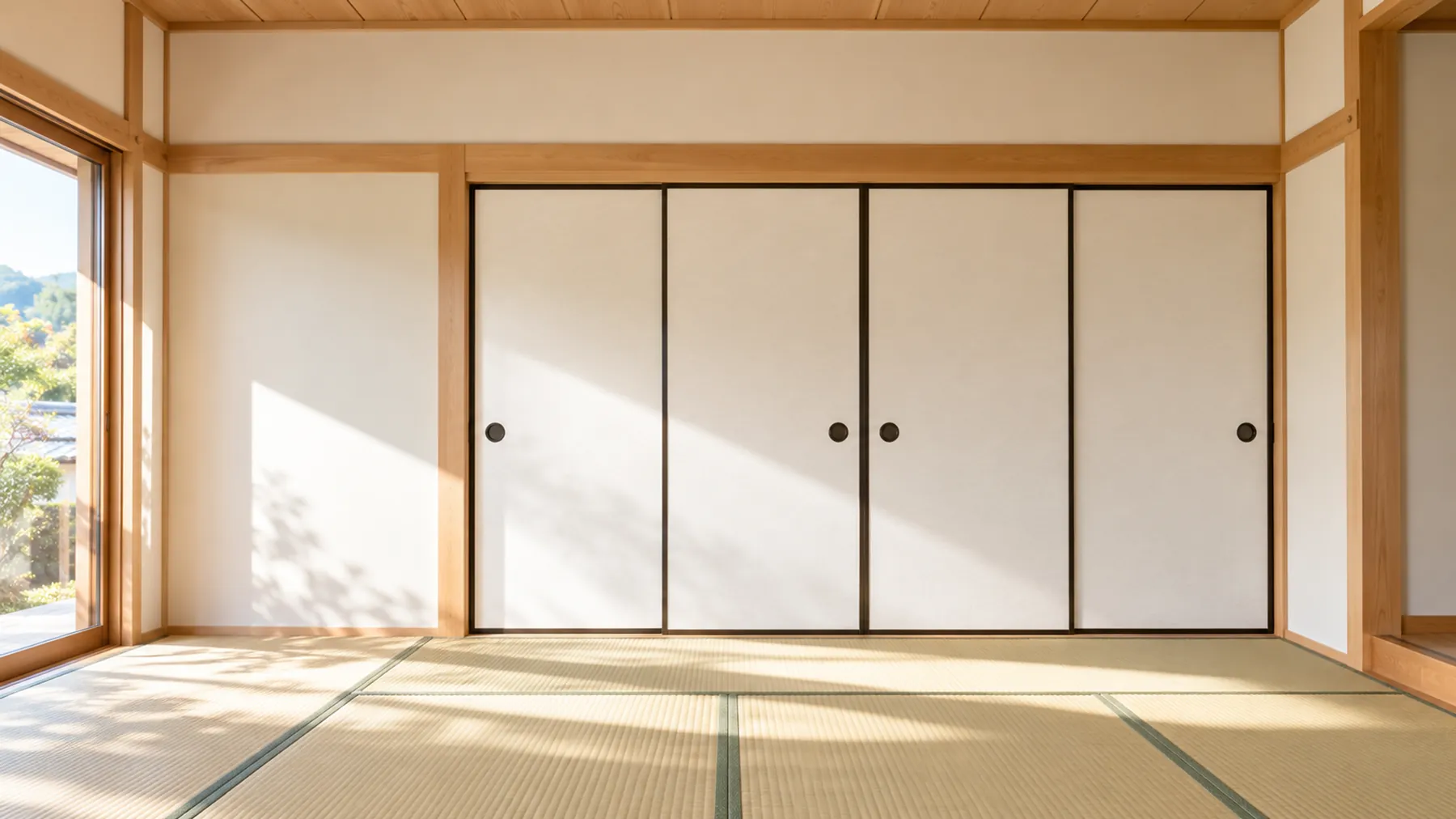 朝の光が入る和室と、白いふすま