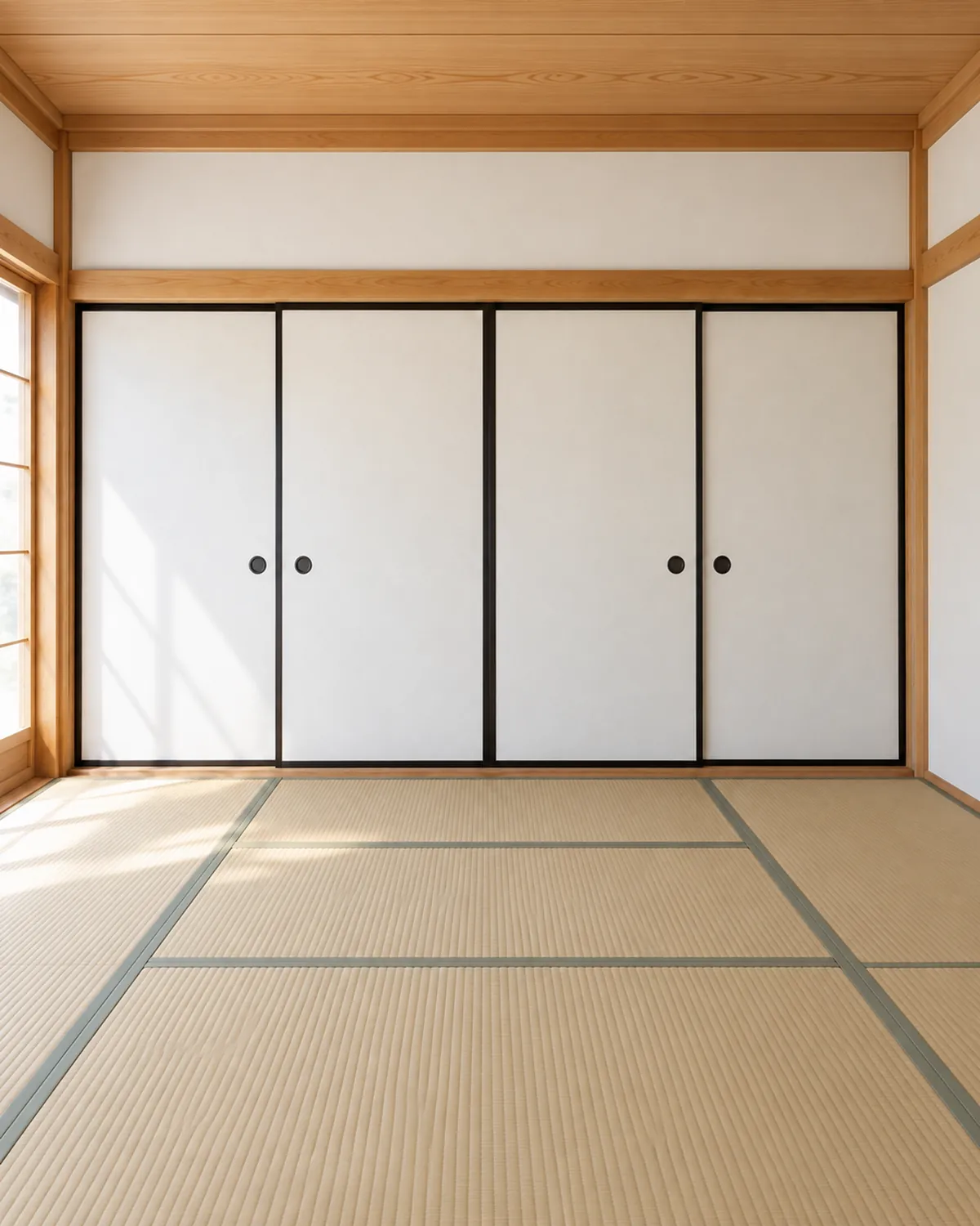 無地の生成りのふすま紙にした和室